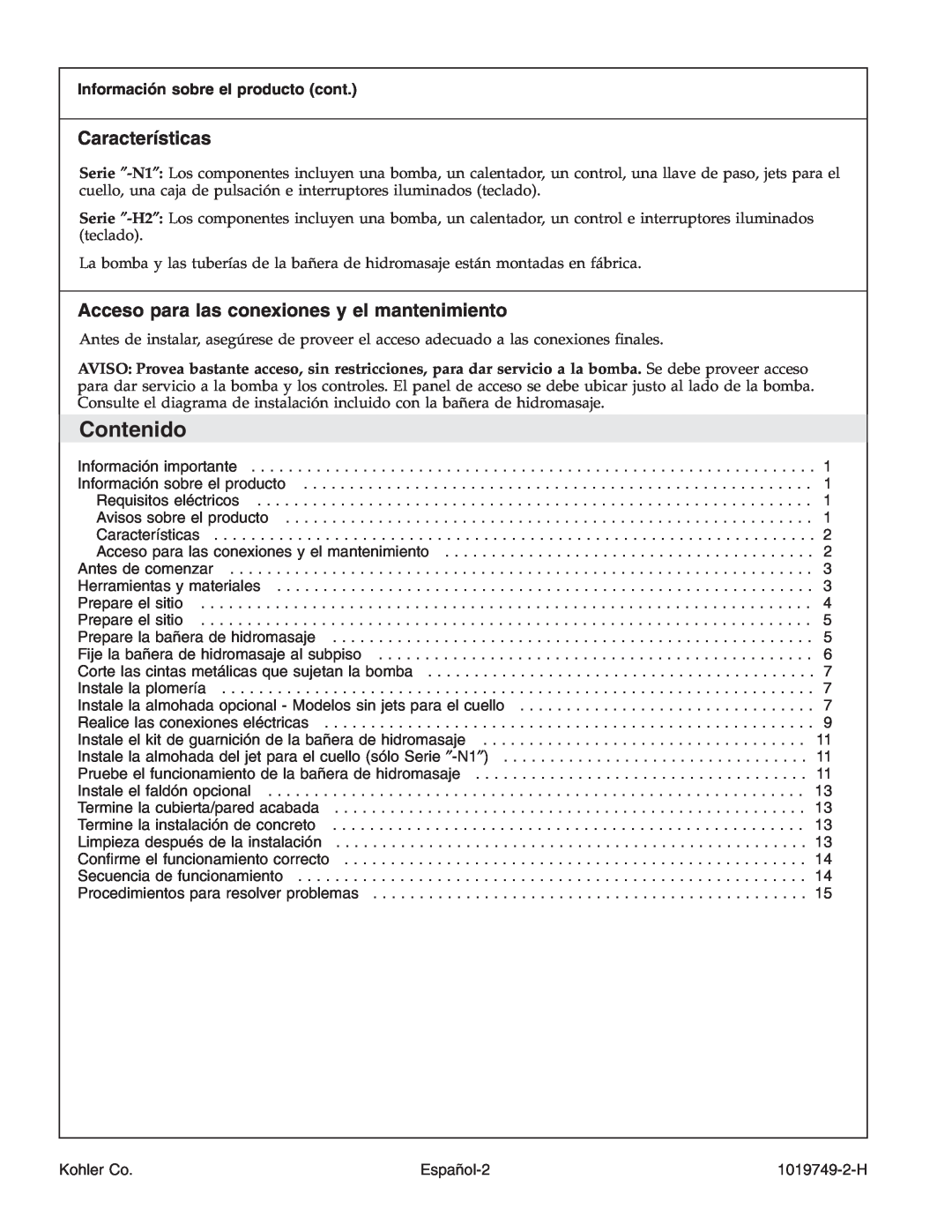 Kohler K-1487, K-1375, K-1461, K-1433, K-1460 manual Contenido, Características, Acceso para las conexiones y el mantenimiento 