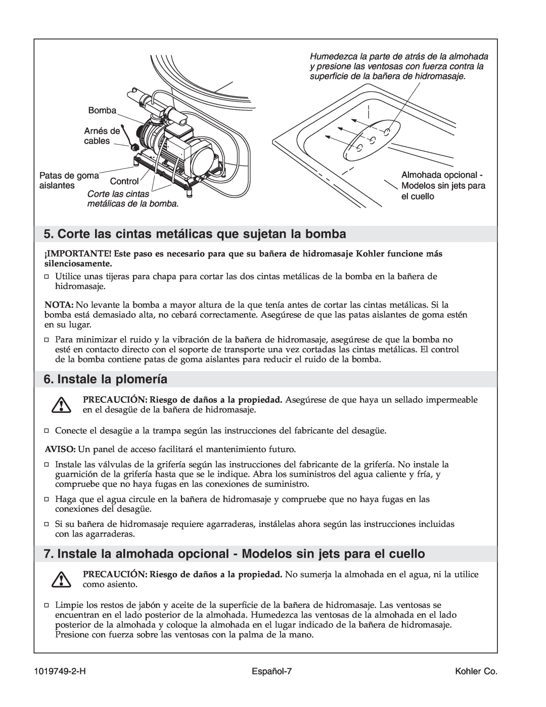Kohler K-1375 Instale la plomería, Corte las cintas metálicas de la bomba, Bomba Arnés de cables Patas de goma, Español-7 