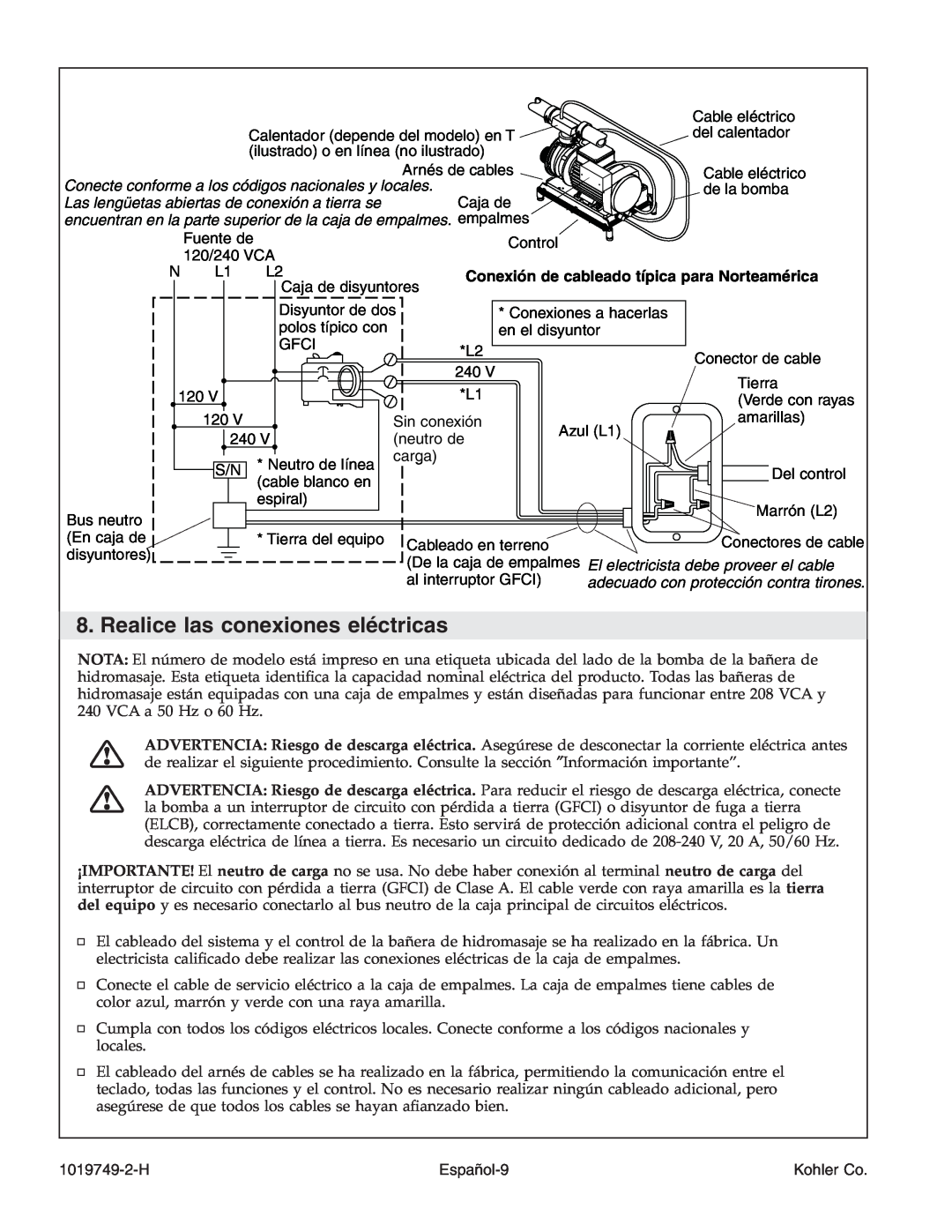 Kohler K-1433, K-1375, K-1461, K-1460 manual Realice las conexiones eléctricas, Conexión de cableado típica para Norteamérica 