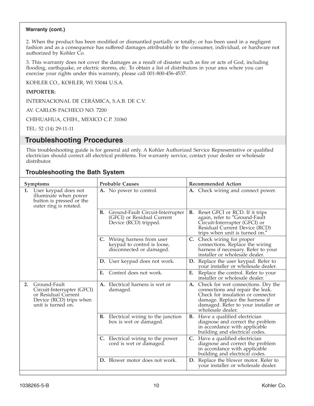 Kohler K-1375 manual Troubleshooting Procedures, Troubleshooting the Bath System, Warranty 