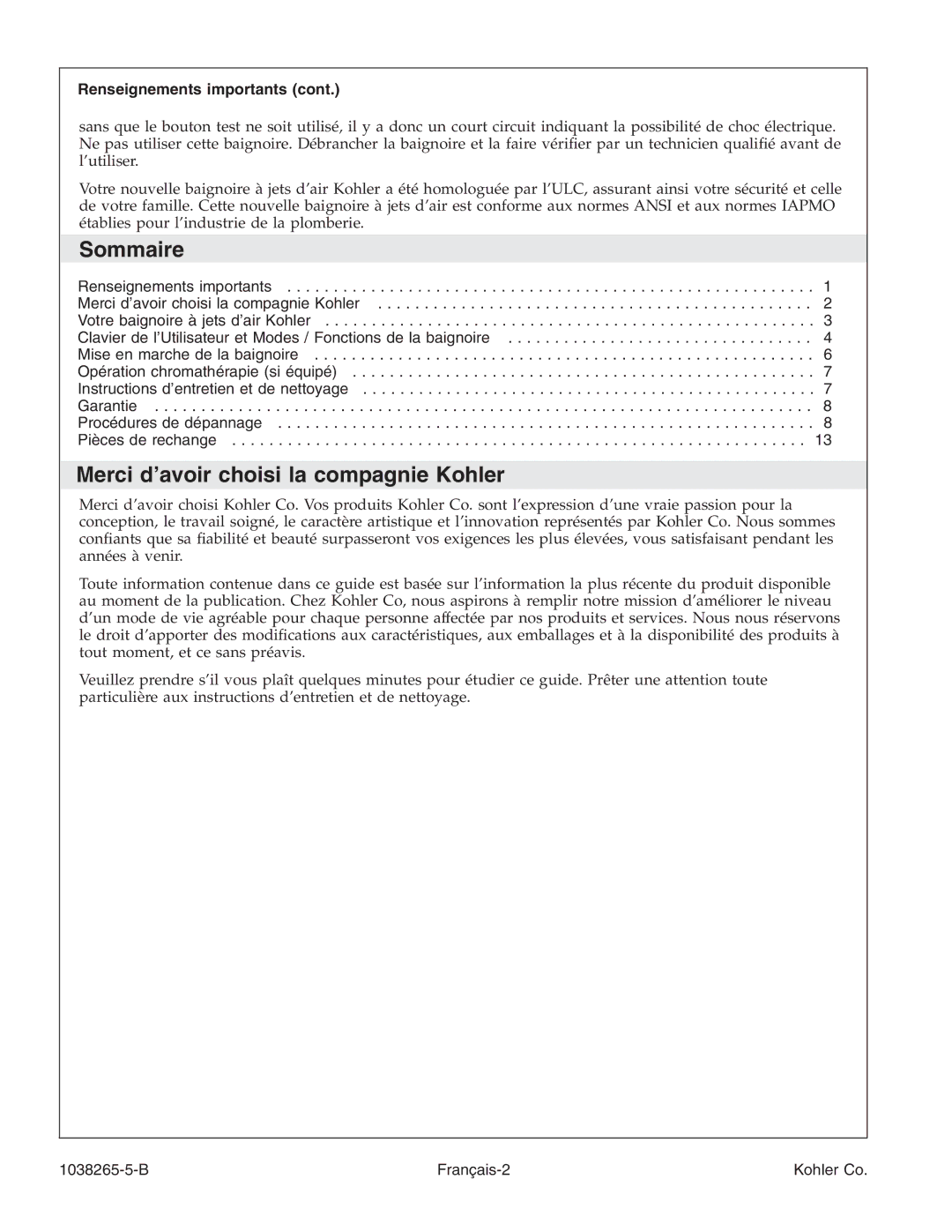 Kohler K-1375 manual Sommaire, Merci d’avoir choisi la compagnie Kohler, Renseignements importants, B Français-2 Kohler Co 