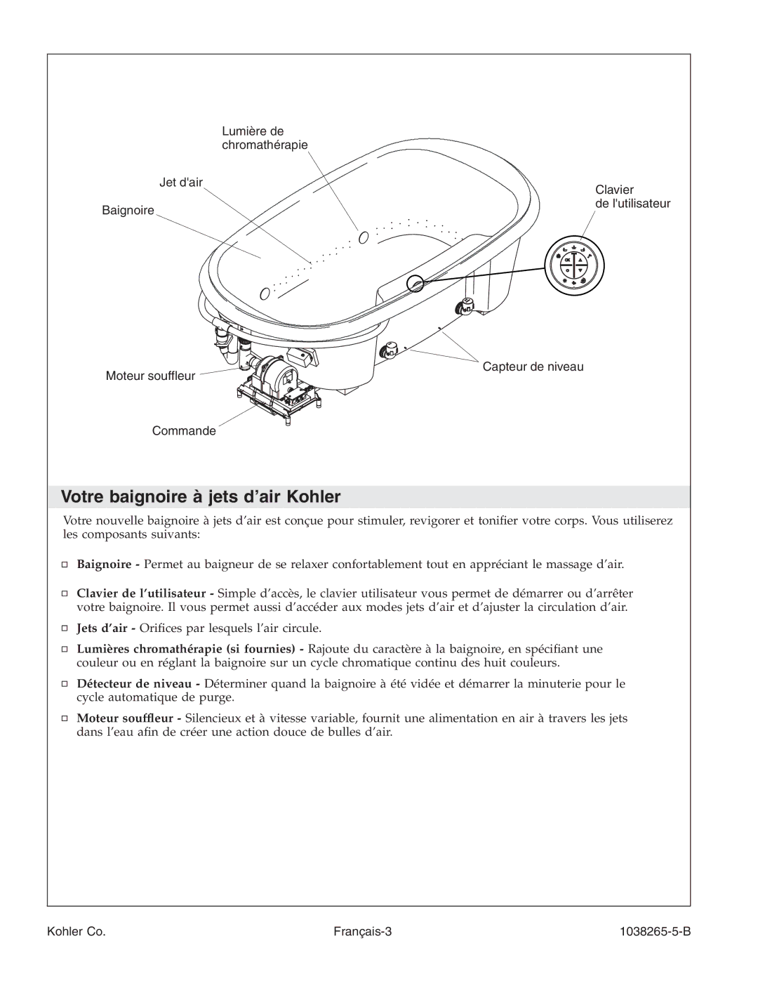 Kohler K-1375 manual Votre baignoire à jets d’air Kohler, Kohler Co Français-3 1038265-5-B 