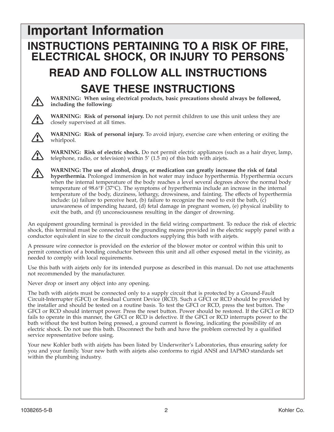 Kohler K-1375 manual Important Information, B Kohler Co 