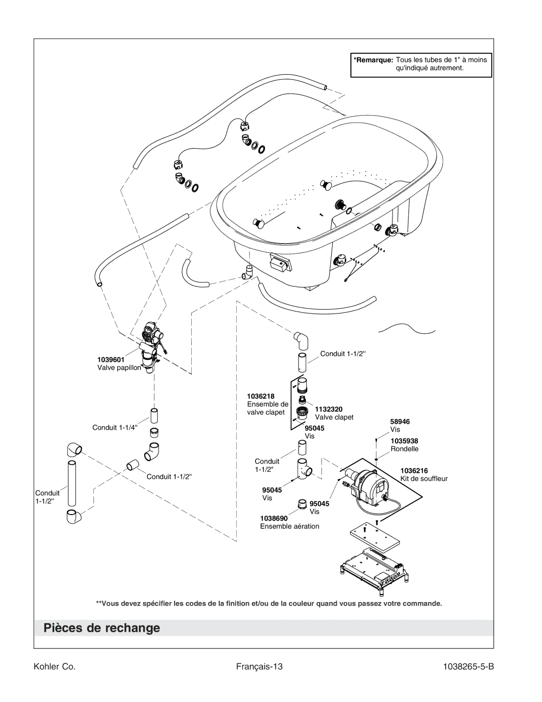 Kohler K-1375 manual Pièces de rechange, Kohler Co Français-13 1038265-5-B 