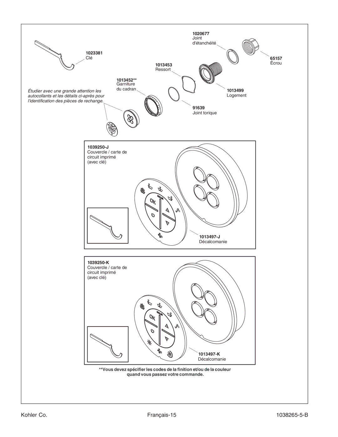 Kohler K-1375 manual Kohler Co Français-15 1038265-5-B, Clé 