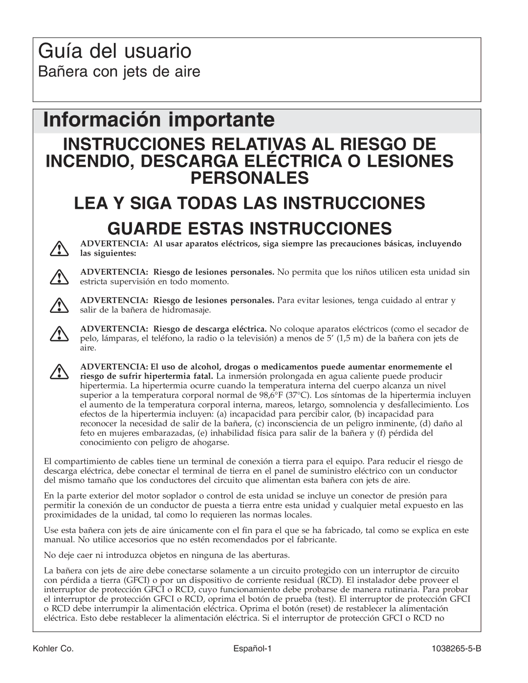 Kohler K-1375 manual Información importante, Kohler Co Español-1 1038265-5-B 