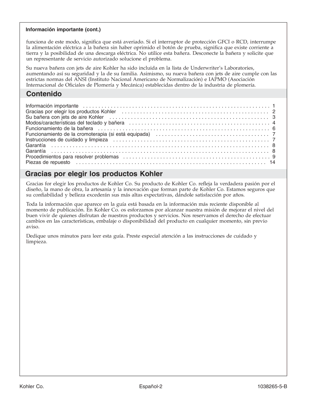 Kohler K-1375 Contenido, Gracias por elegir los productos Kohler, Información importante, Kohler Co Español-2 1038265-5-B 