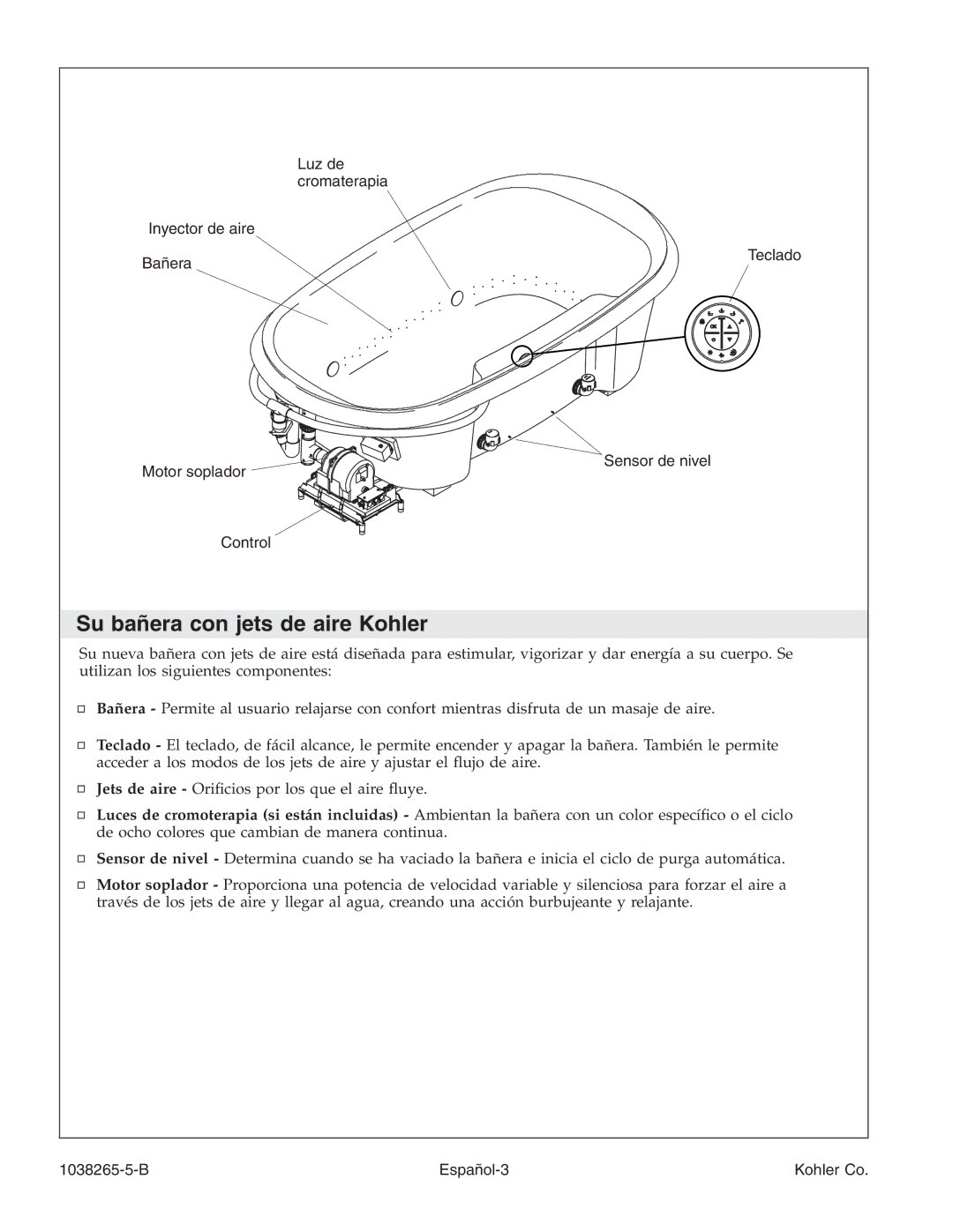 Kohler K-1375 manual Su bañera con jets de aire Kohler, B Español-3 Kohler Co 