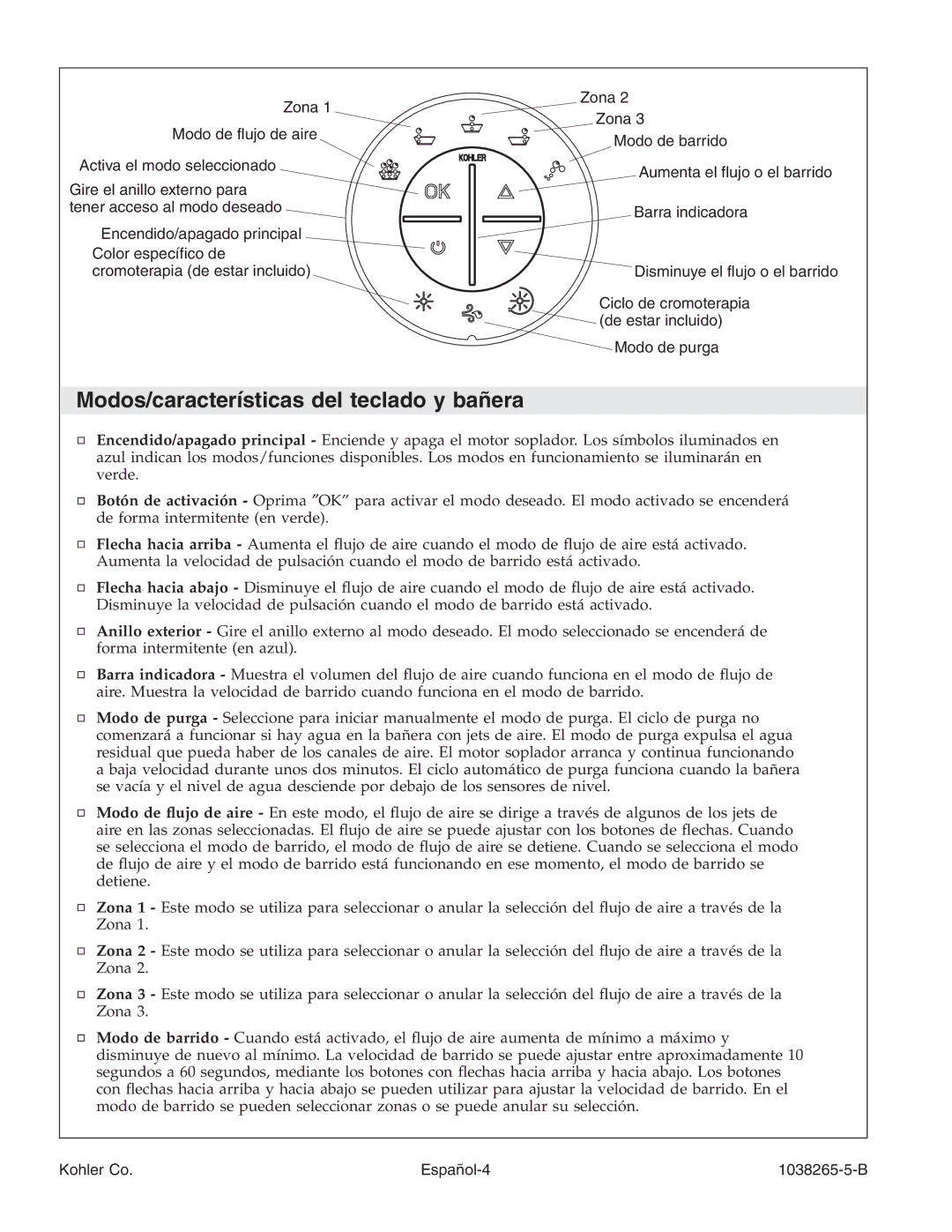 Kohler K-1375 manual Modos/características del teclado y bañera, Kohler Co Español-4 1038265-5-B 