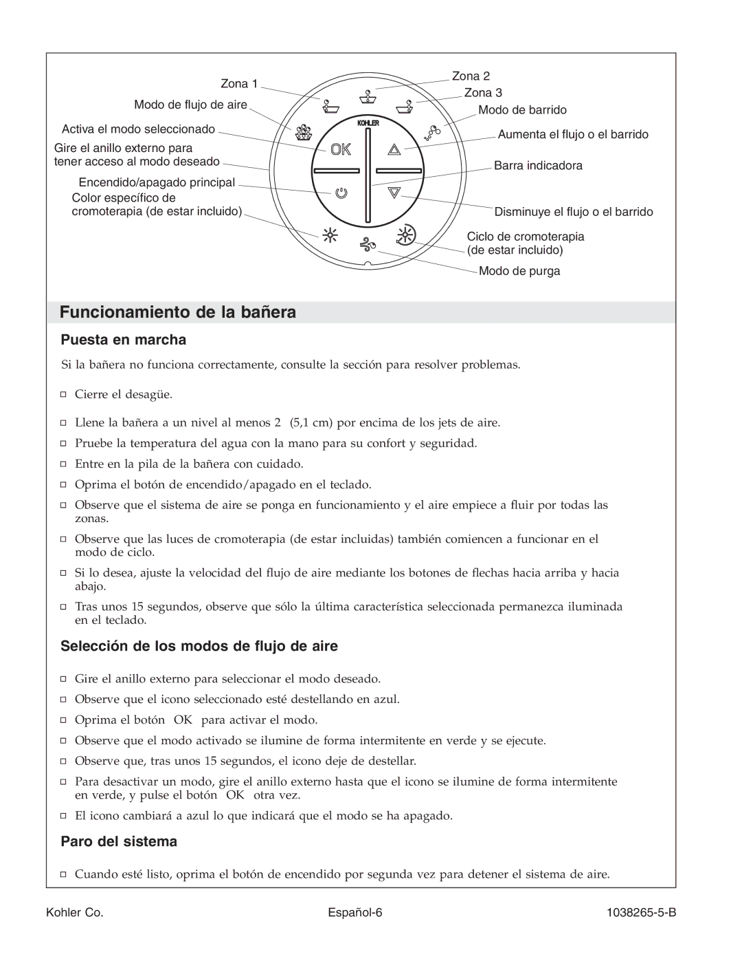 Kohler K-1375 Funcionamiento de la bañera, Puesta en marcha, Selección de los modos de ﬂujo de aire, Paro del sistema 