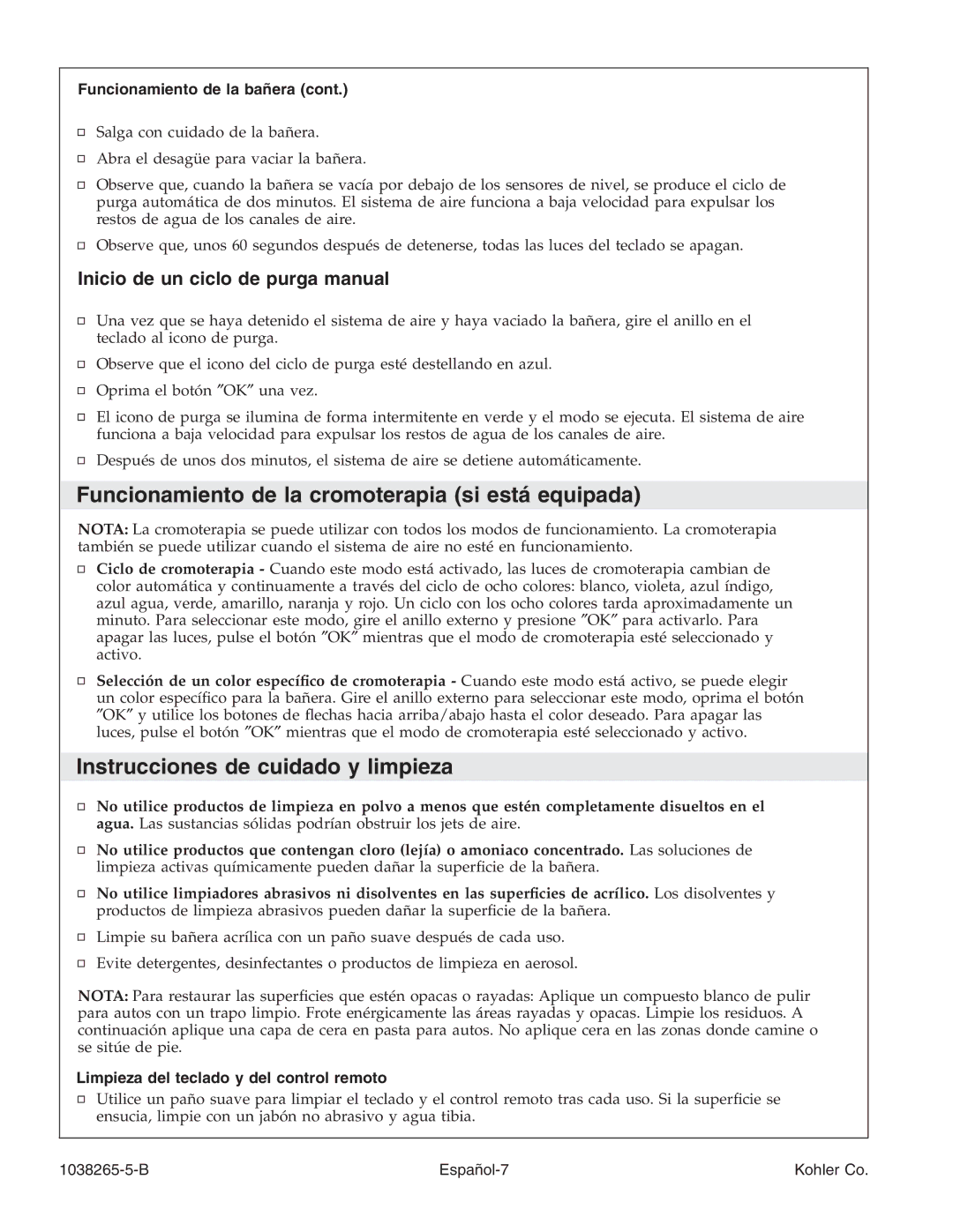 Kohler K-1375 manual Funcionamiento de la cromoterapia si está equipada, Instrucciones de cuidado y limpieza 