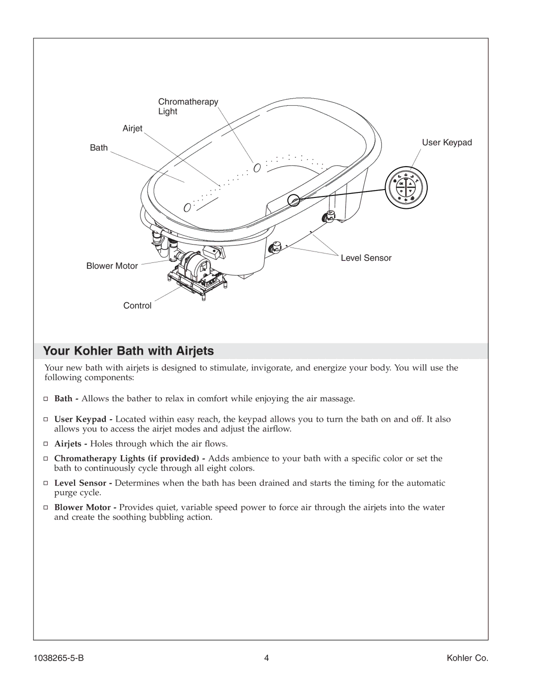 Kohler K-1375 manual Your Kohler Bath with Airjets 