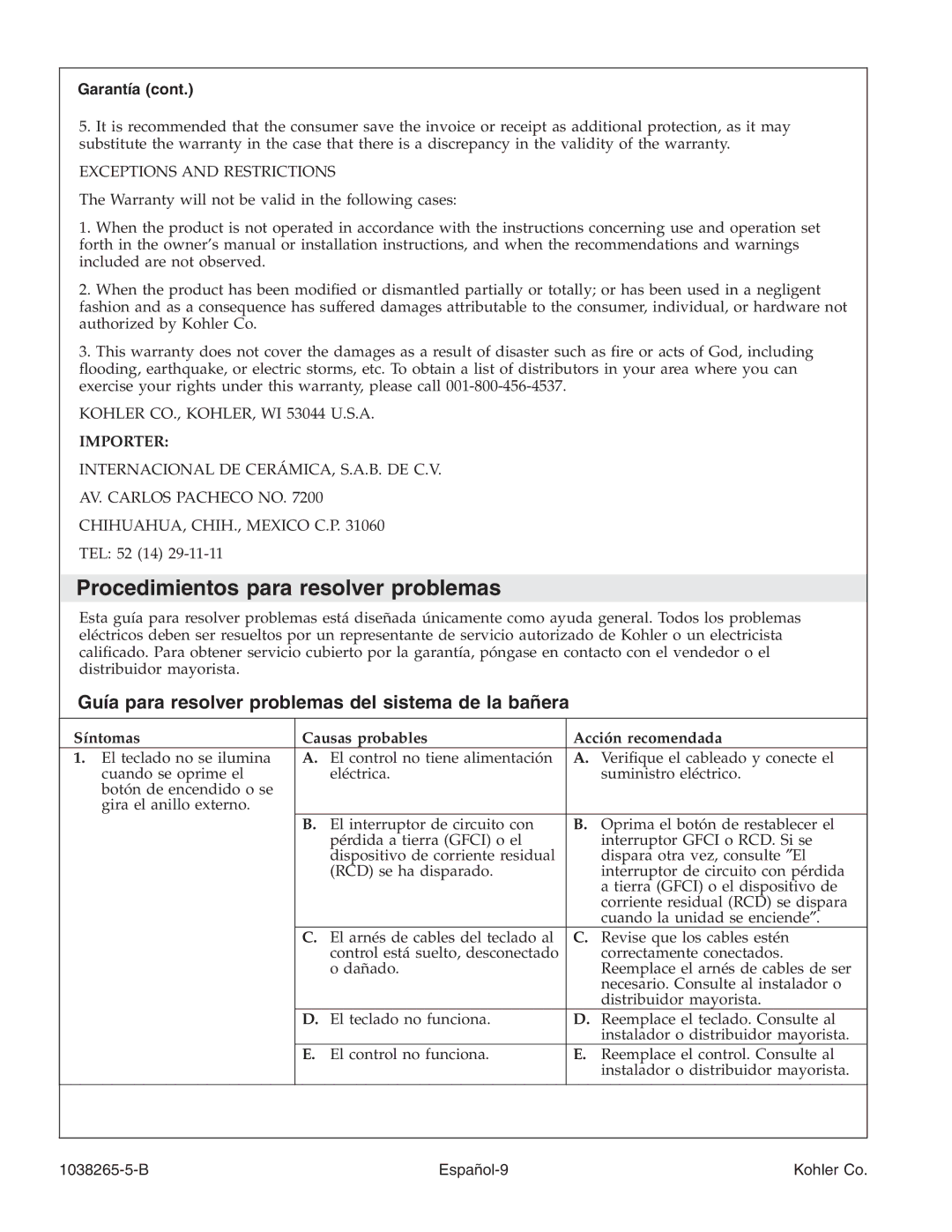 Kohler K-1375 Procedimientos para resolver problemas, Guía para resolver problemas del sistema de la bañera, Garantía 