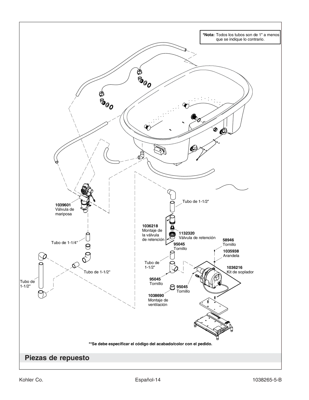 Kohler K-1375 manual Piezas de repuesto, Kohler Co Español-14 1038265-5-B 