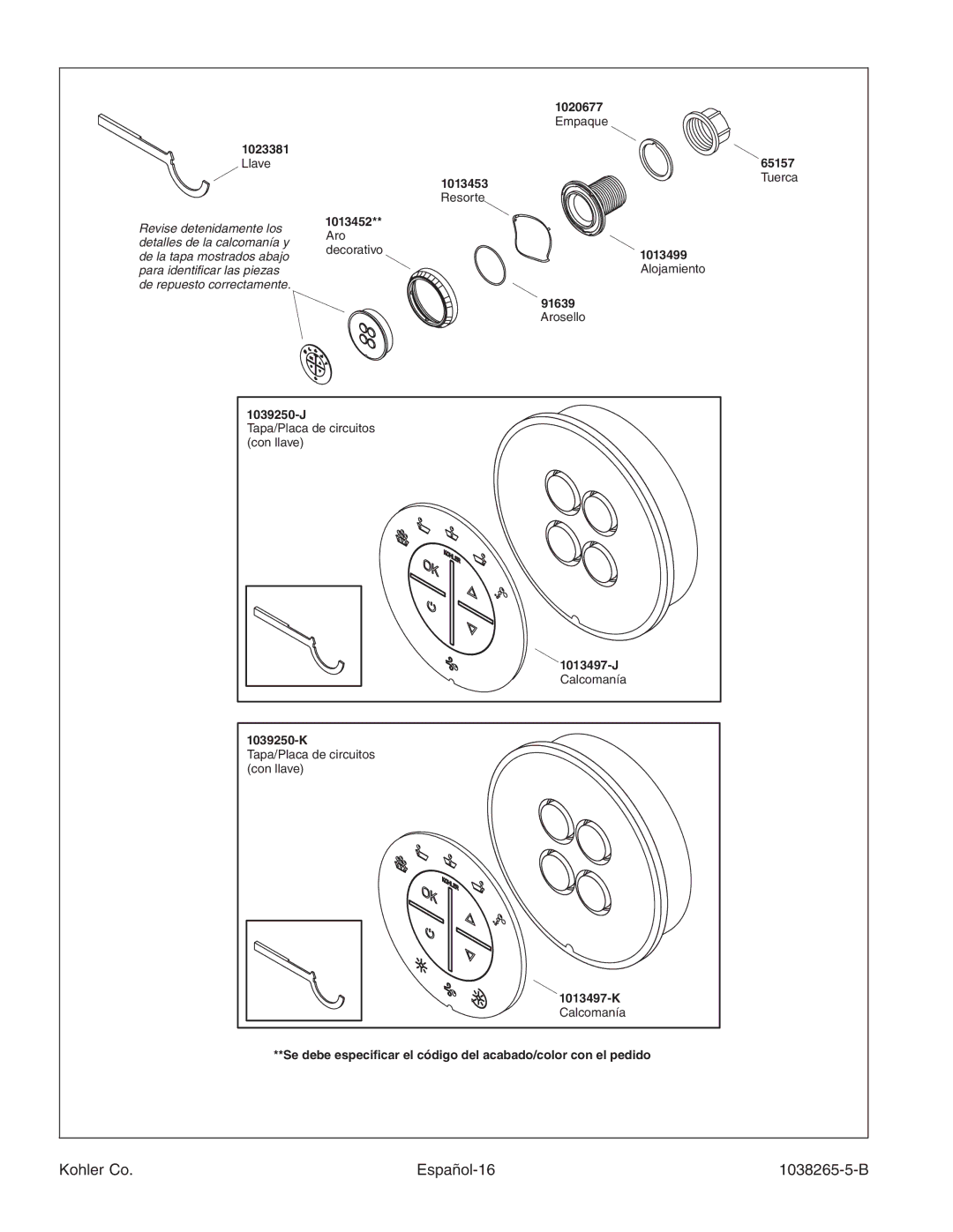 Kohler K-1375 manual Kohler Co Español-16 1038265-5-B, Llave 