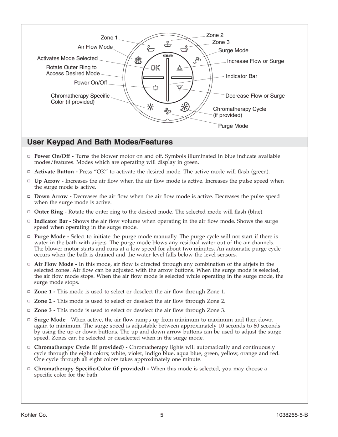 Kohler K-1375 manual User Keypad And Bath Modes/Features 