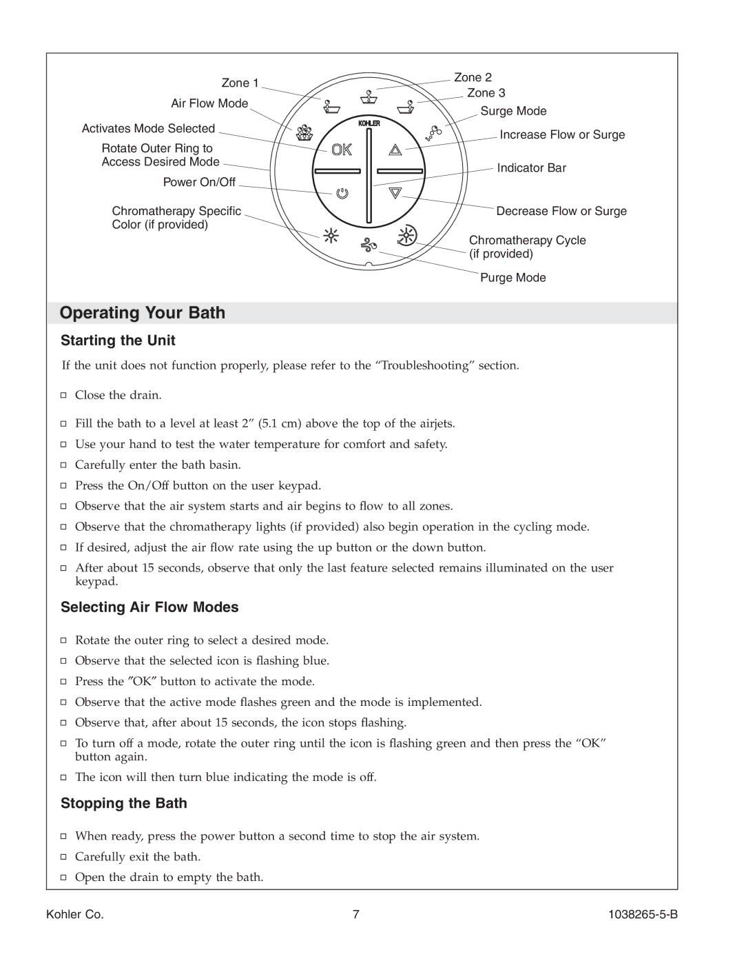 Kohler K-1375 manual Operating Your Bath, Starting the Unit, Selecting Air Flow Modes, Stopping the Bath 