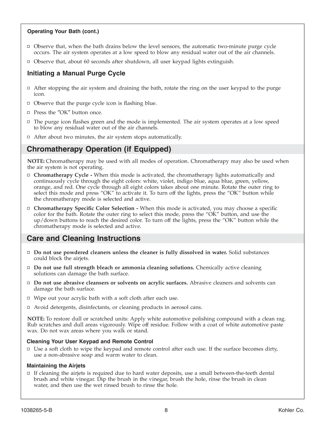 Kohler K-1375 manual Chromatherapy Operation if Equipped, Care and Cleaning Instructions, Initiating a Manual Purge Cycle 