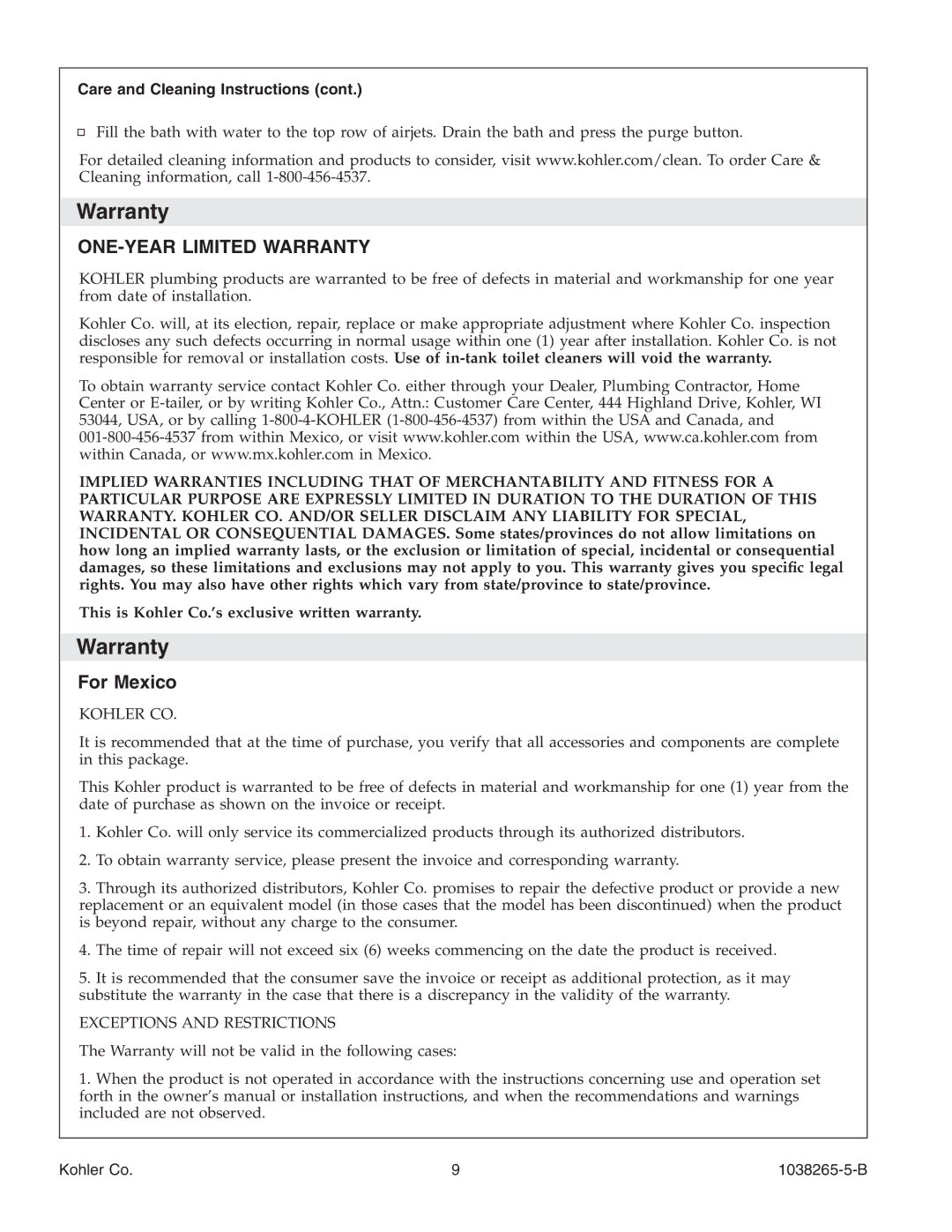 Kohler K-1375 manual Warranty, For Mexico, Care and Cleaning Instructions 