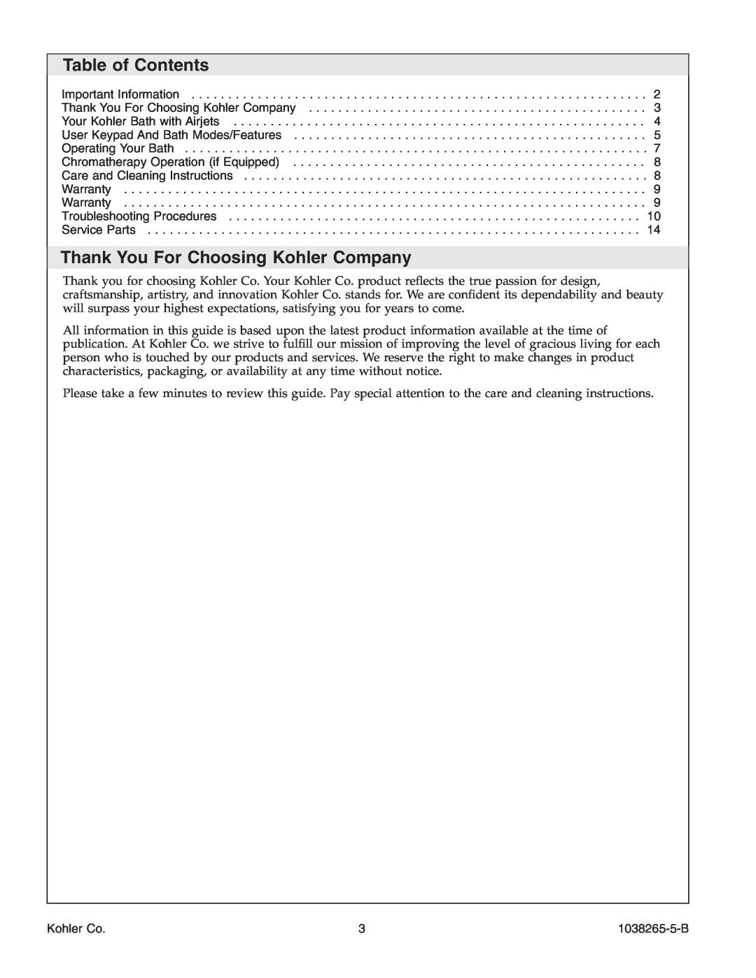 Kohler K-1375 manual Table of Contents, Thank You For Choosing Kohler Company 