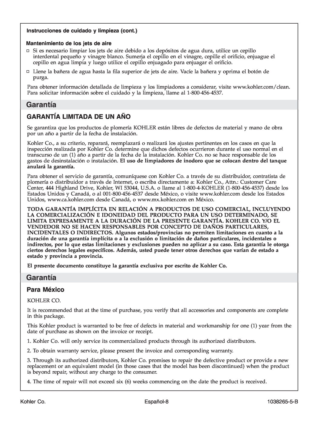 Kohler K-1375 manual Garantía Limitada De Un Año, Para México, Instrucciones de cuidado y limpieza cont 