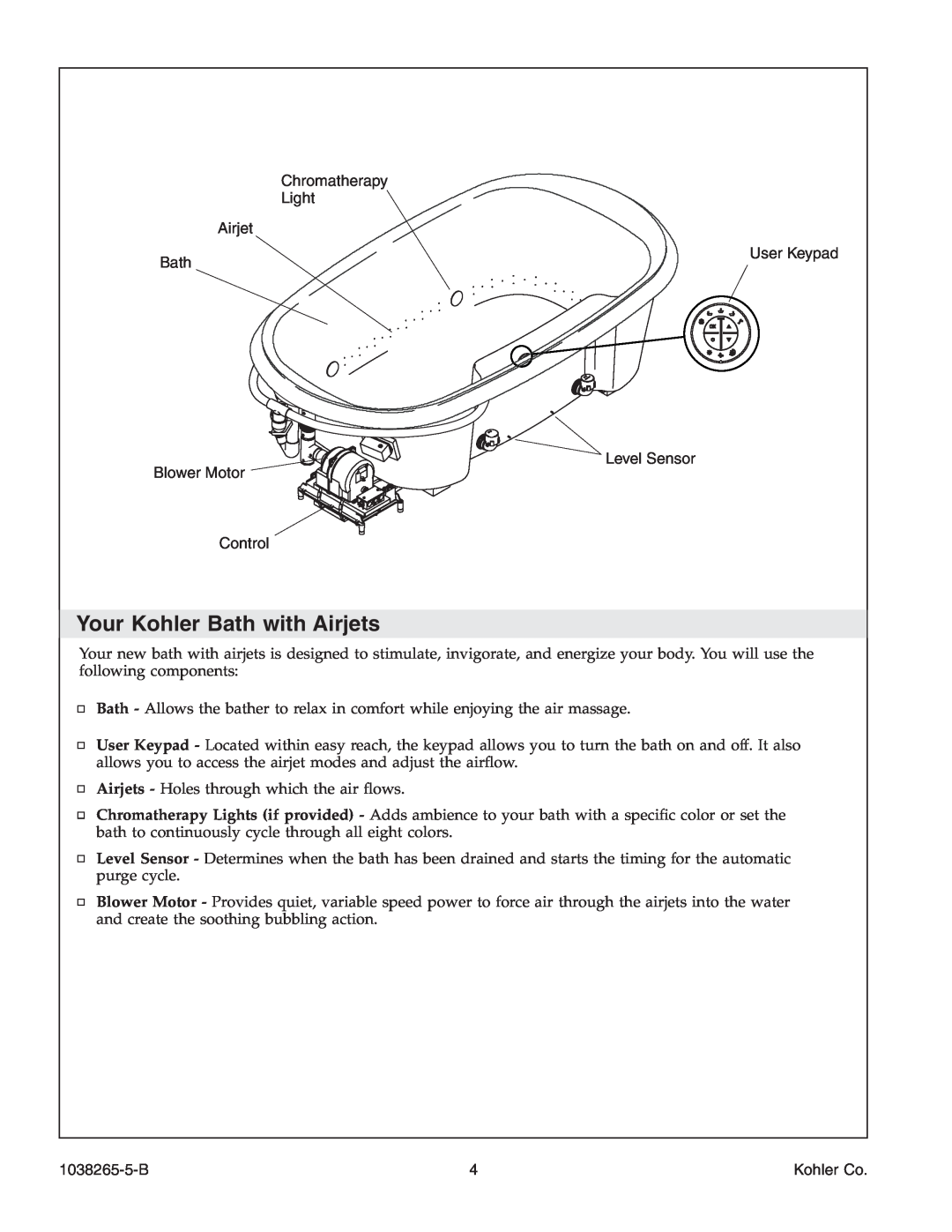 Kohler K-1375 Your Kohler Bath with Airjets, Chromatherapy Light Airjet, User Keypad, Level Sensor Blower Motor Control 