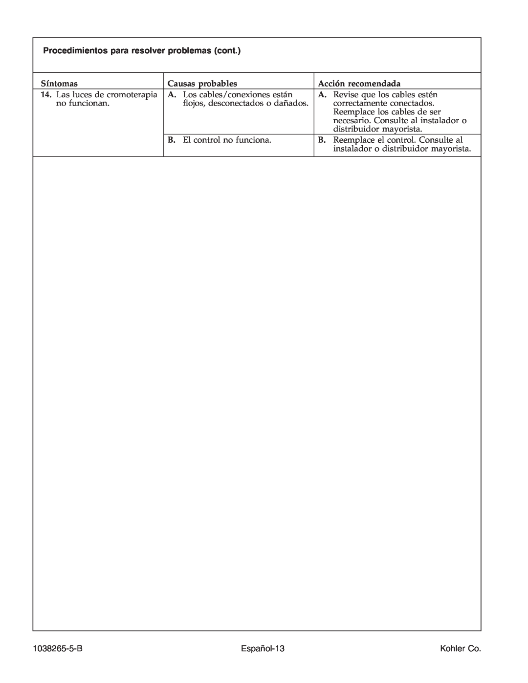 Kohler K-1375 manual Procedimientos para resolver problemas cont, 1038265-5-B, Español-13, Kohler Co 
