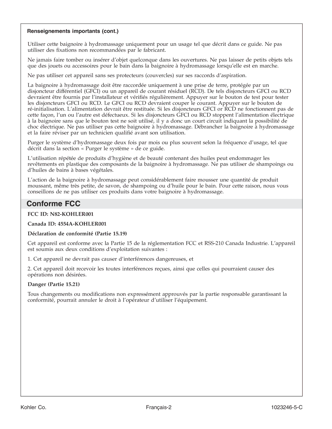 Kohler K-1418-CT manual Conforme FCC, Renseignements importants, Canada ID 4554A-KOHLER001 Déclaration de conformité Partie 