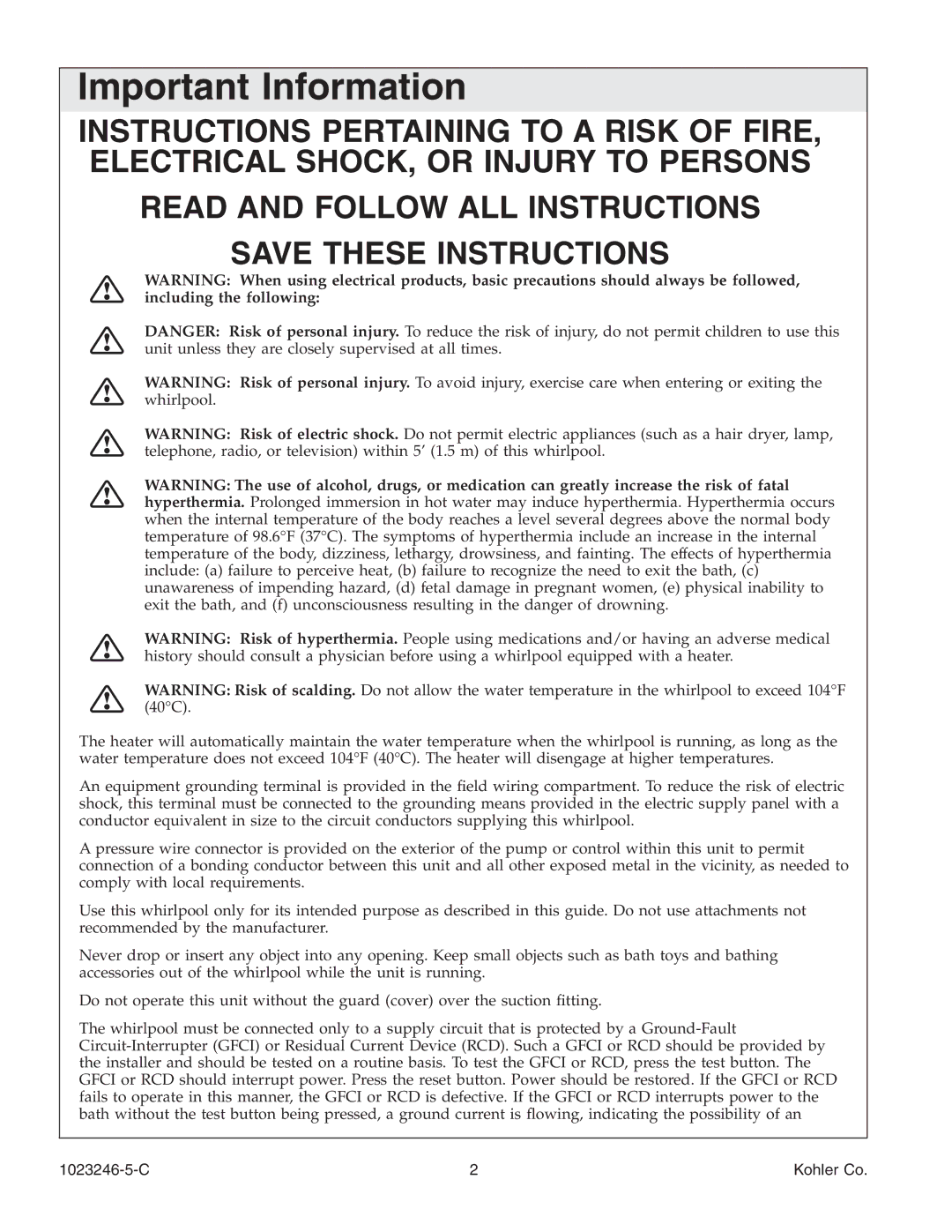 Kohler K-1418-CT manual Important Information, C Kohler Co 