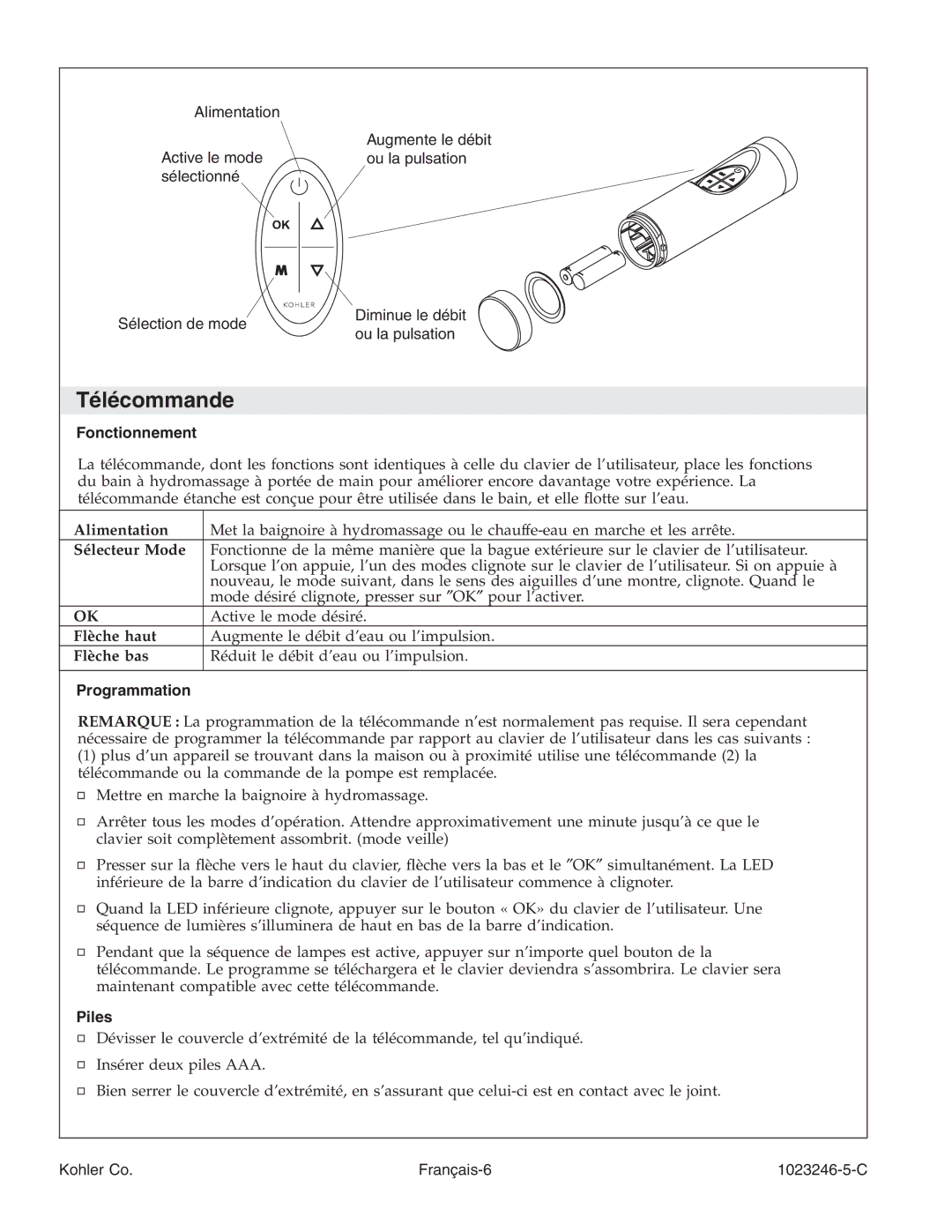 Kohler K-1418-CT manual Télécommande, Fonctionnement, Sélecteur Mode, Programmation, Piles 