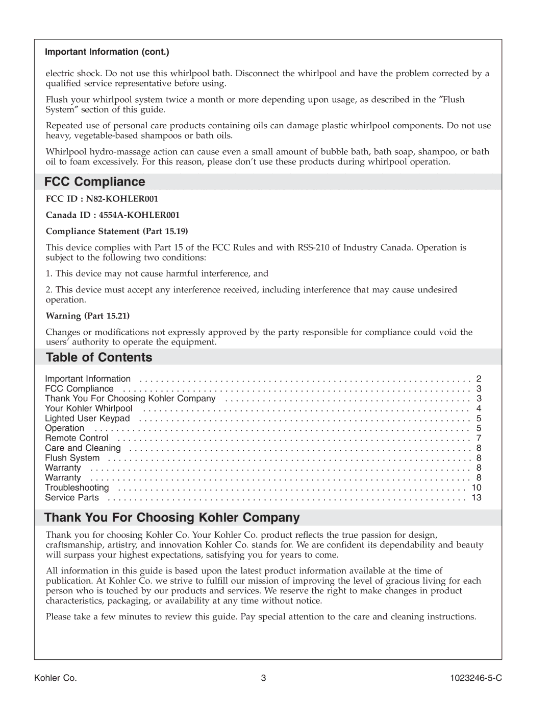 Kohler K-1418-CT manual FCC Compliance, Table of Contents, Thank You For Choosing Kohler Company 