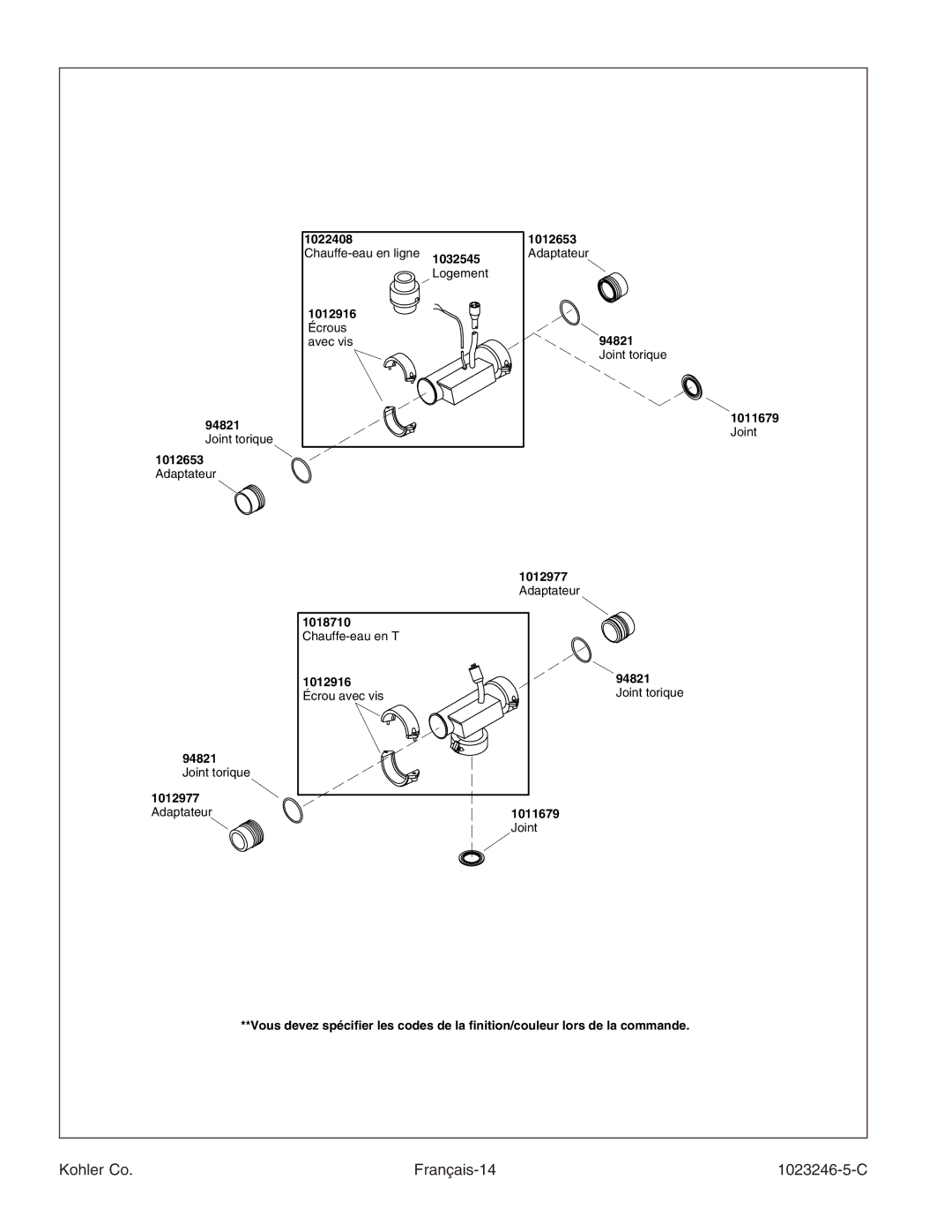 Kohler K-1418-CT manual Kohler Co Français-14 1023246-5-C 