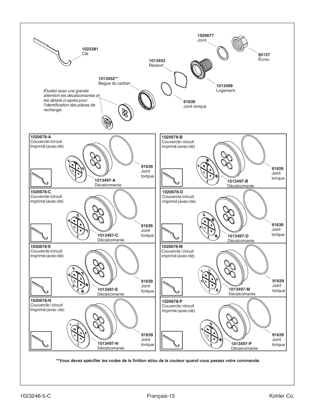 Kohler K-1418-CT manual C Français-15 Kohler Co, Bague du cadran 1013499 