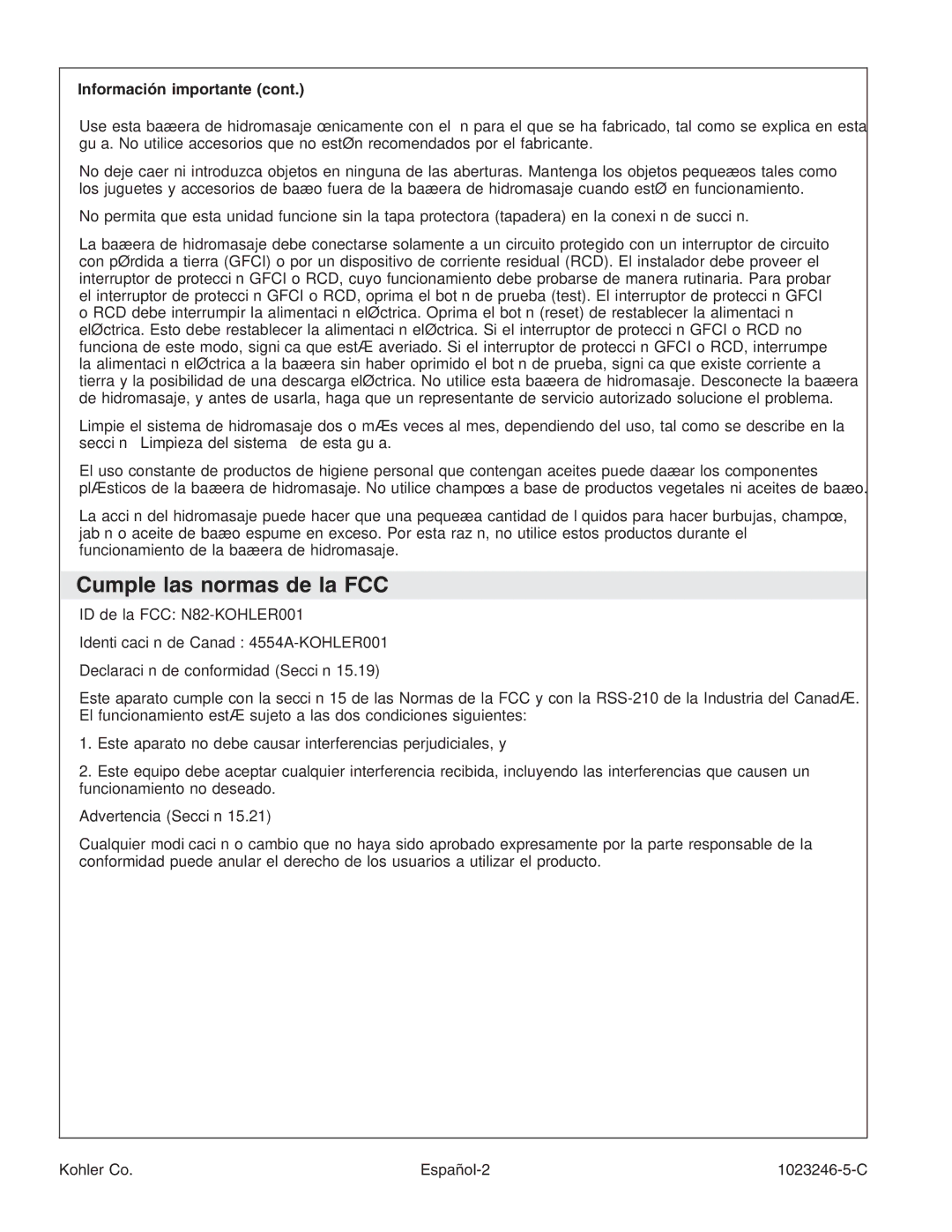 Kohler K-1418-CT Cumple las normas de la FCC, Información importante, Advertencia Sección, Kohler Co Español-2 1023246-5-C 