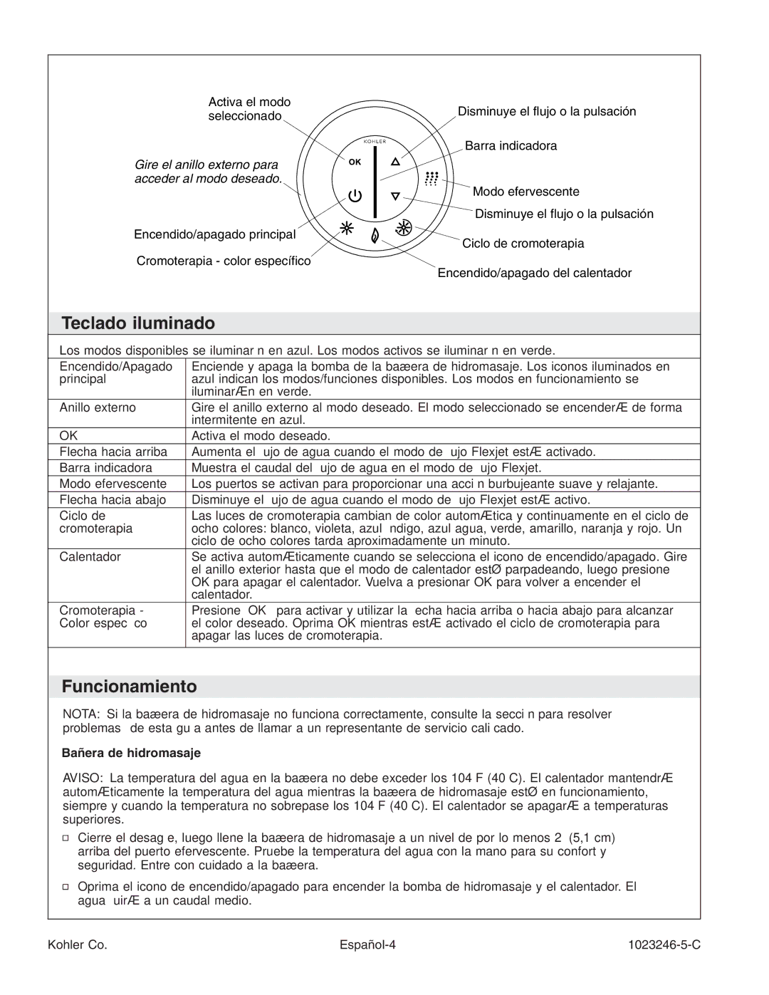 Kohler K-1418-CT manual Teclado iluminado, Funcionamiento, Bañera de hidromasaje 