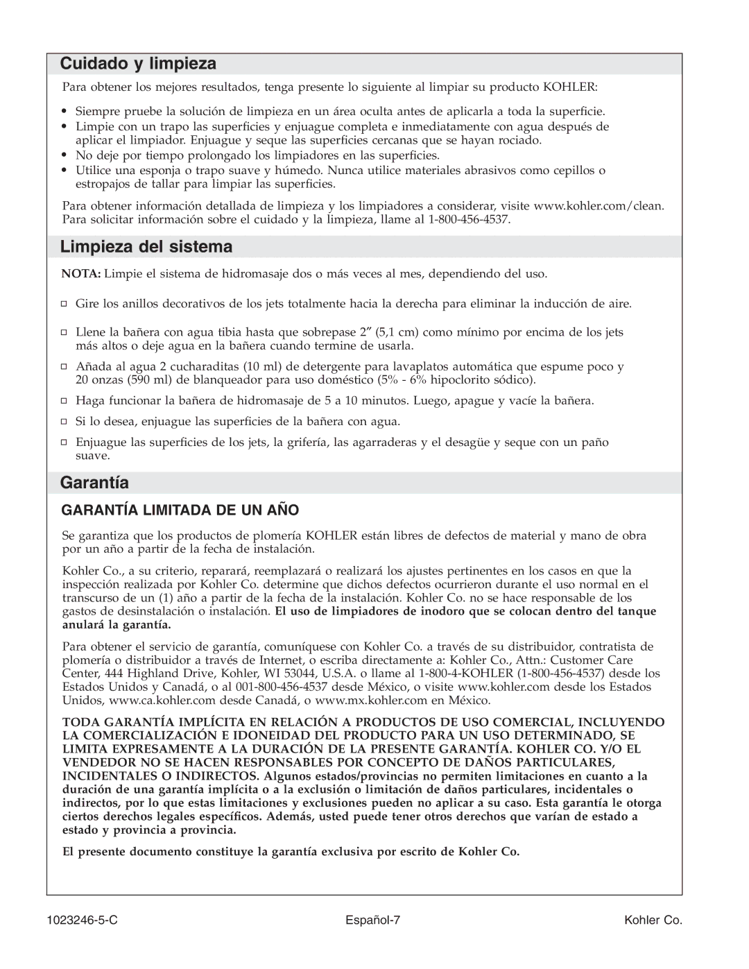 Kohler K-1418-CT manual Cuidado y limpieza, Limpieza del sistema, Garantía, C Español-7 Kohler Co 