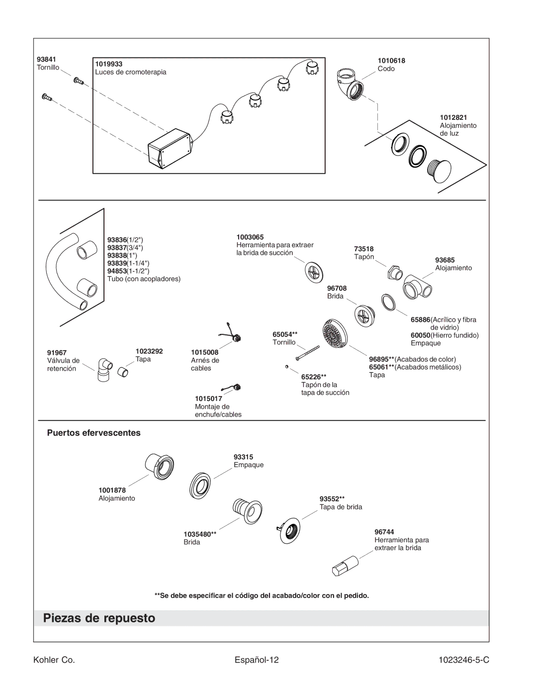 Kohler K-1418-CT manual Piezas de repuesto, Puertos efervescentes, Kohler Co Español-12 1023246-5-C 