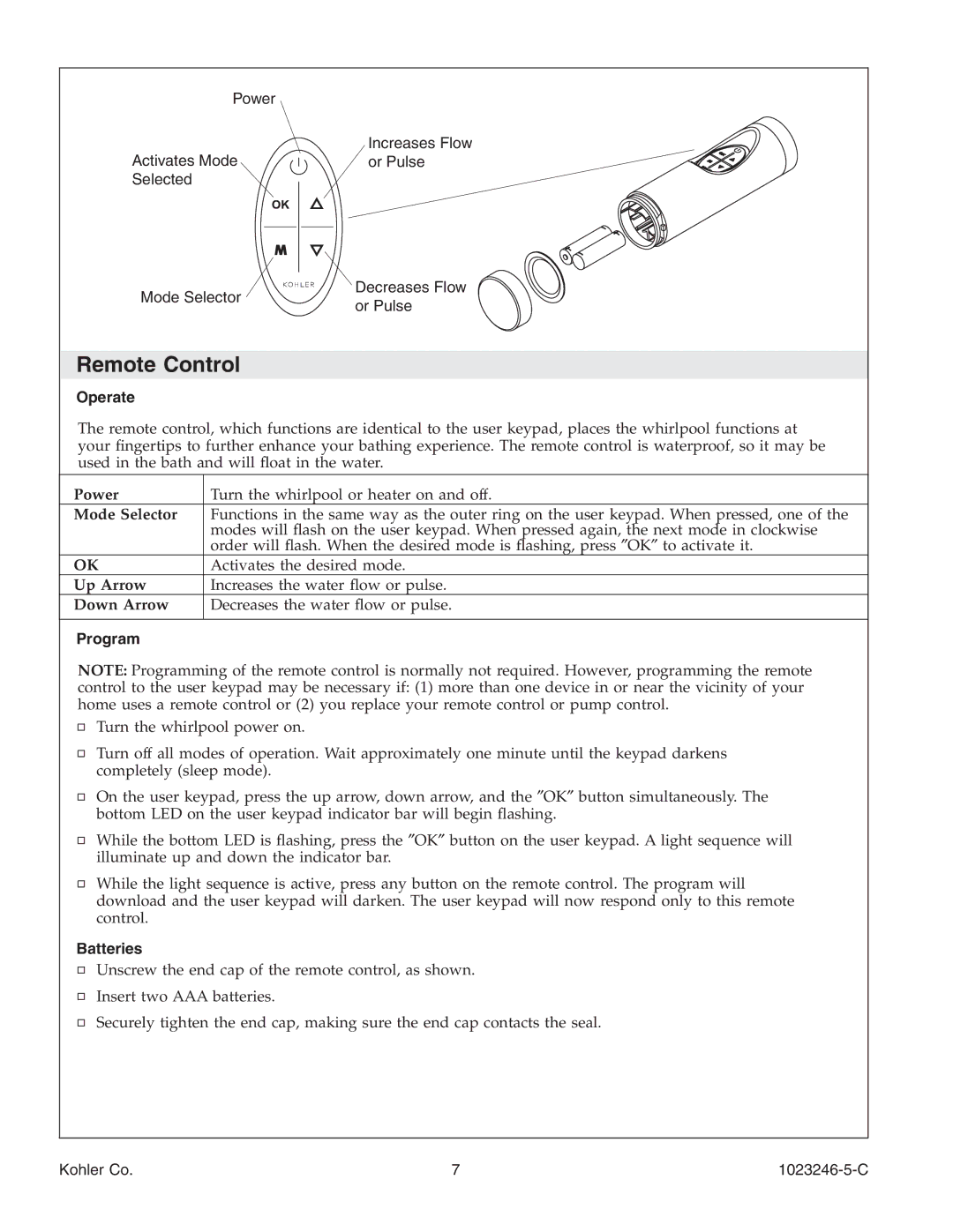 Kohler K-1418-CT manual Remote Control, Operate, Mode Selector, Program, Batteries 