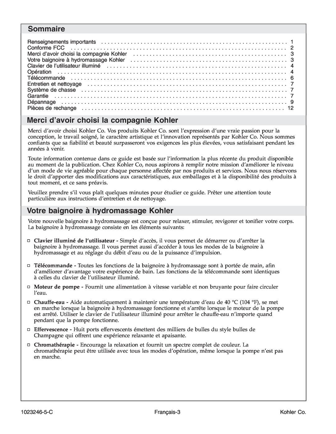 Kohler K-1418-CT manual Sommaire, Merci d’avoir choisi la compagnie Kohler, Votre baignoire à hydromassage Kohler 