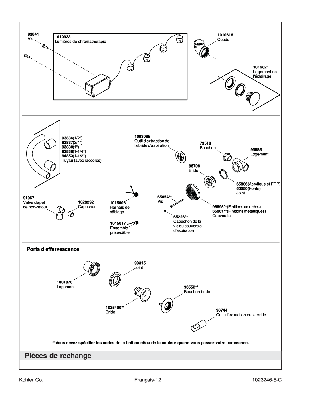 Kohler K-1418-CT manual Pièces de rechange, Ports deffervescence 