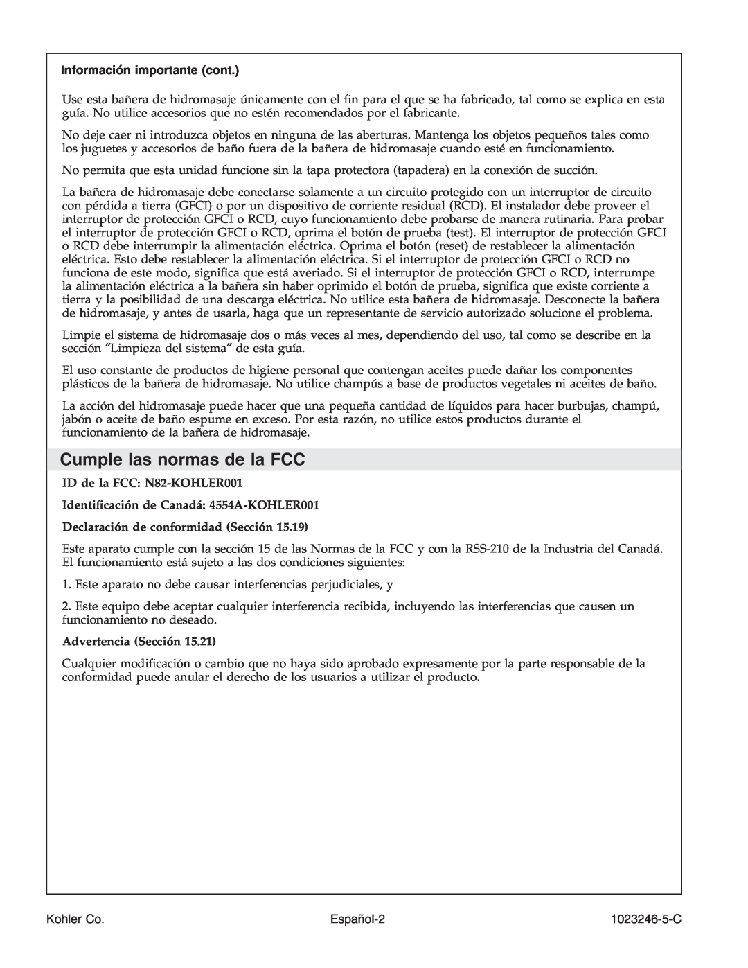 Kohler K-1418-CT manual Cumple las normas de la FCC, Información importante cont, Declaración de conformidad Sección 