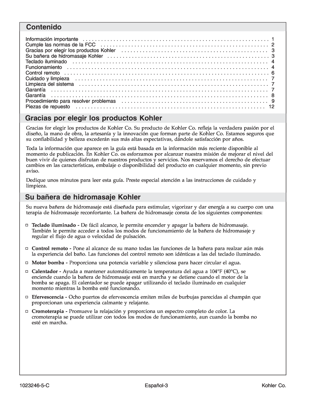 Kohler K-1418-CT manual Contenido, Gracias por elegir los productos Kohler, Su bañera de hidromasaje Kohler 