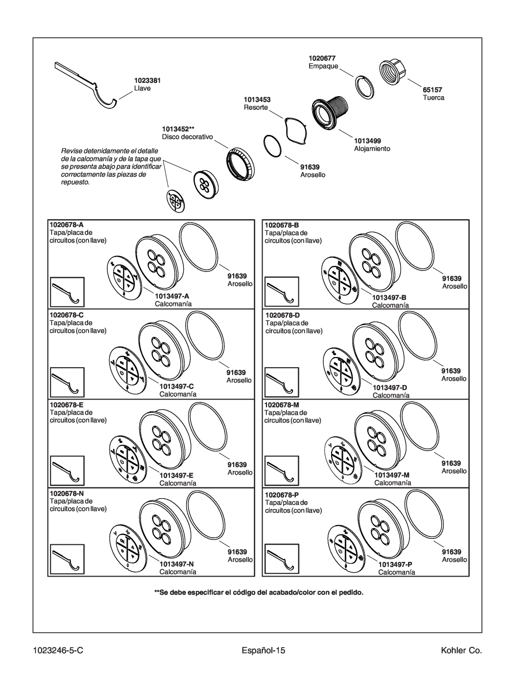 Kohler K-1418-CT manual A Tapa/placa de circuitos con llave 