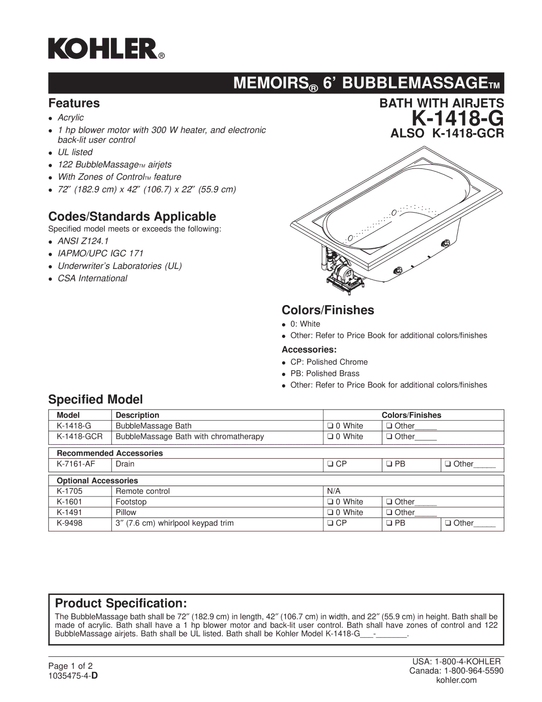 Kohler K-1418-GCR manual Memoirs, Bubblemassagetm 