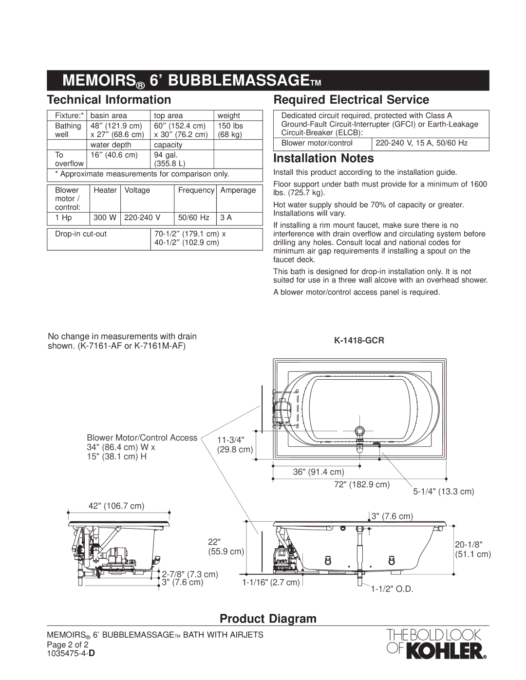 Kohler K-1418-GCR manual Memoirs 6 Bubblemassagetm, Technical Information, Required Electrical Service, Installation Notes 