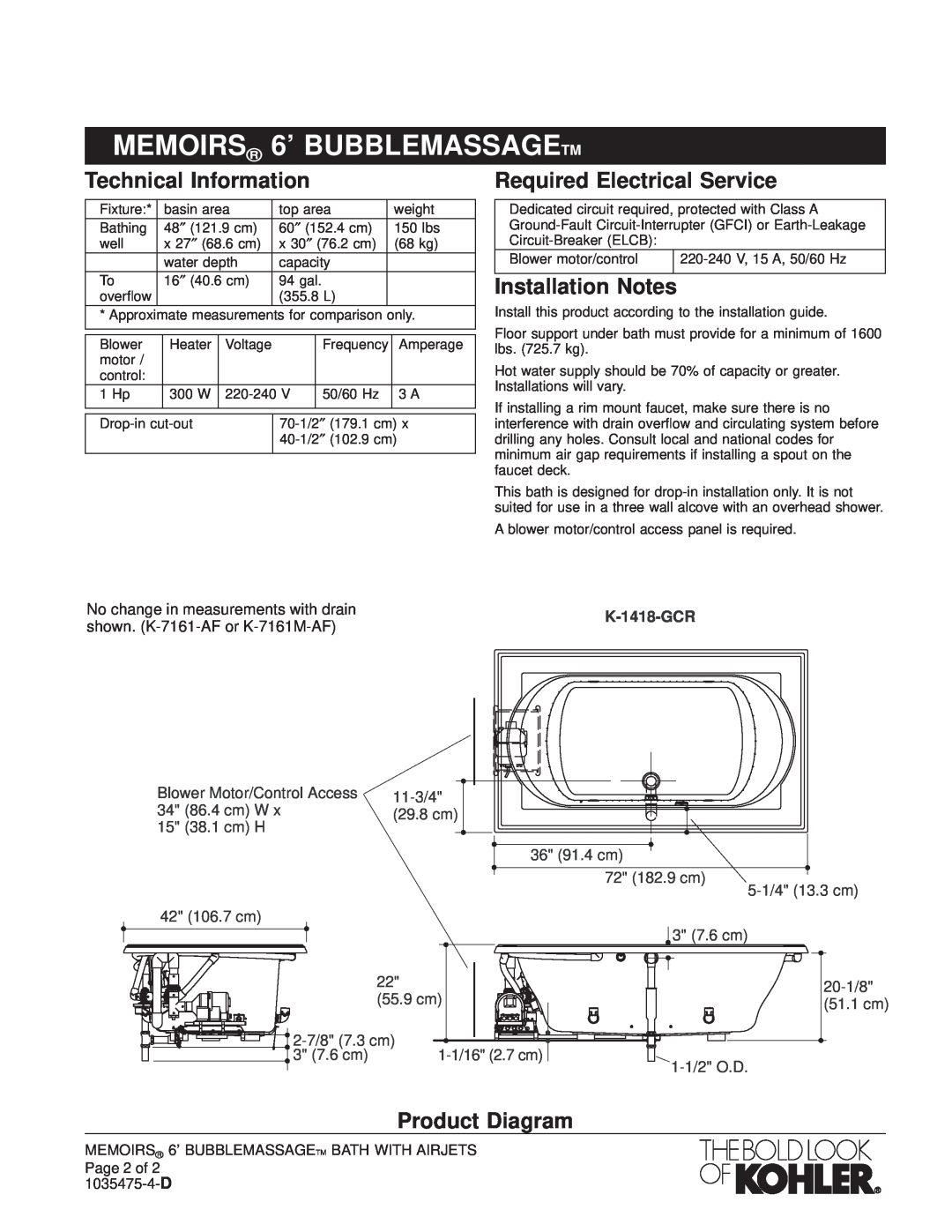 Kohler K-1418-GCR manual MEMOIRS 6 BUBBLEMASSAGETM, Technical Information, Required Electrical Service, Installation Notes 