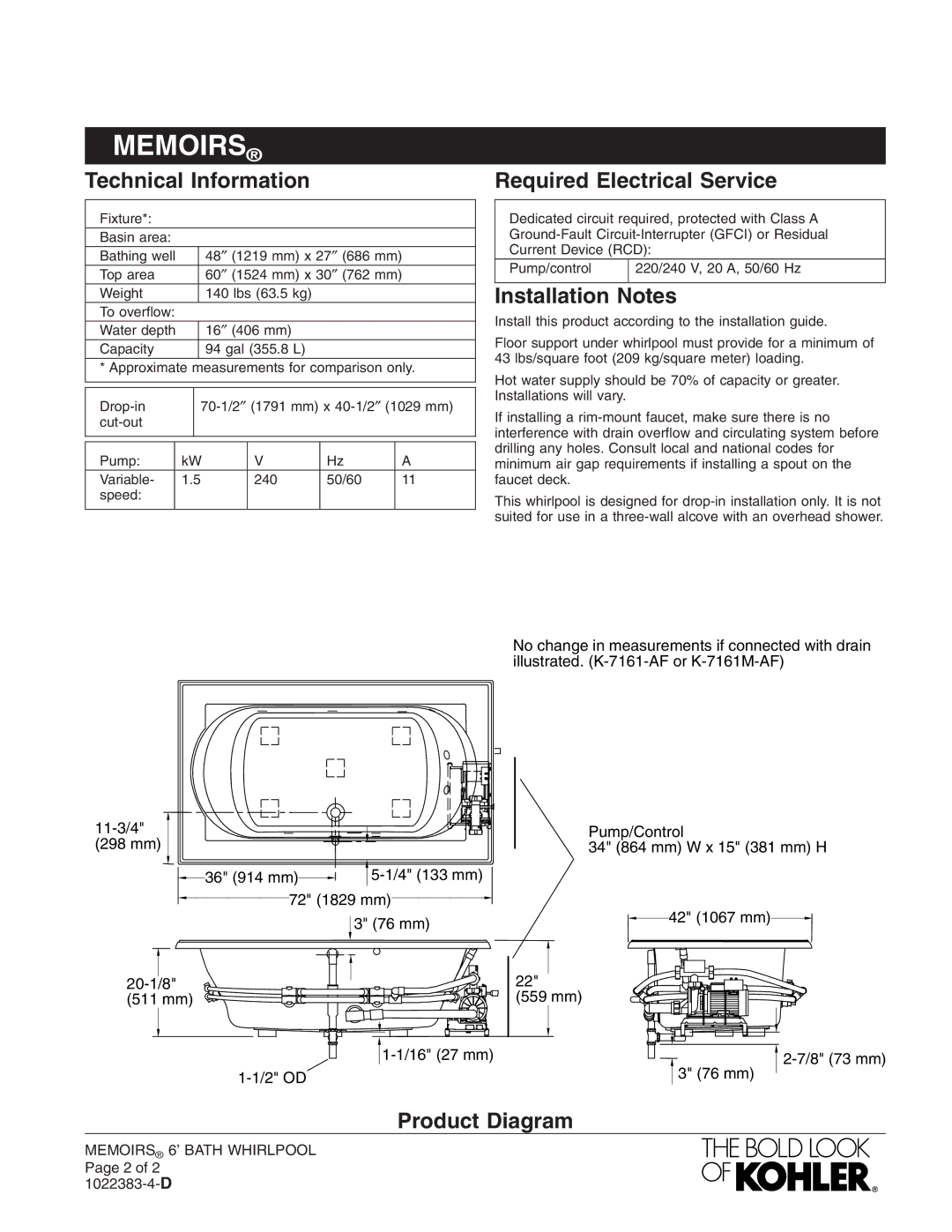 Kohler K-1418-H2 manual Technical Information, Required Electrical Service, Installation Notes, Product Diagram 