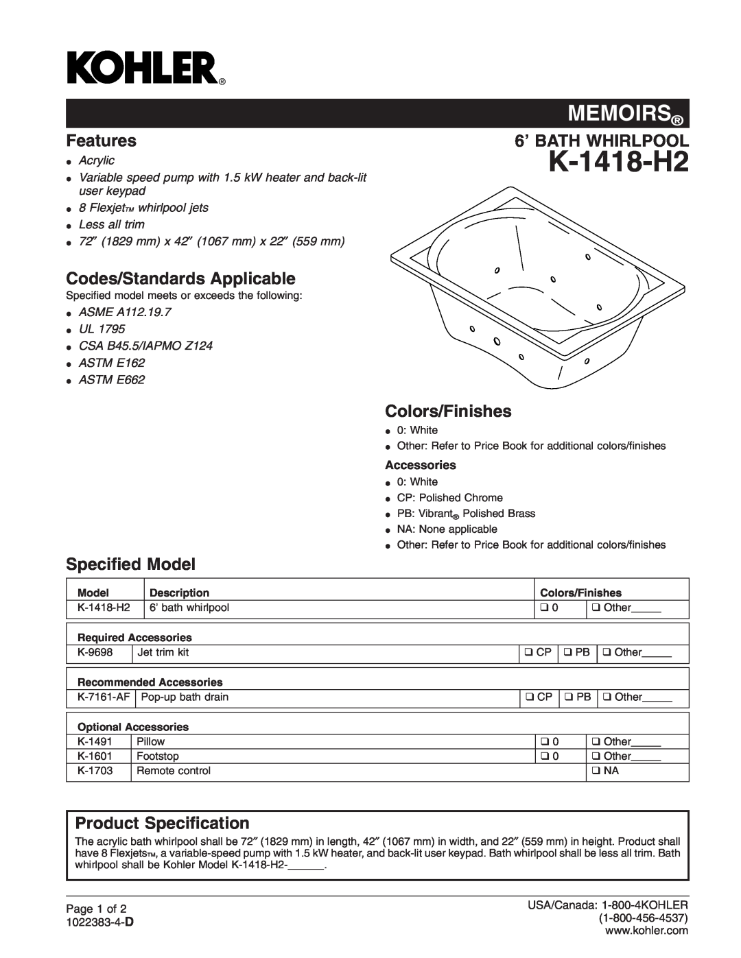Kohler K-1418-H2 manual Codes/Standards Applicable, Colors/Finishes, Speciﬁed Model, Product Speciﬁcation, Page 1 of 