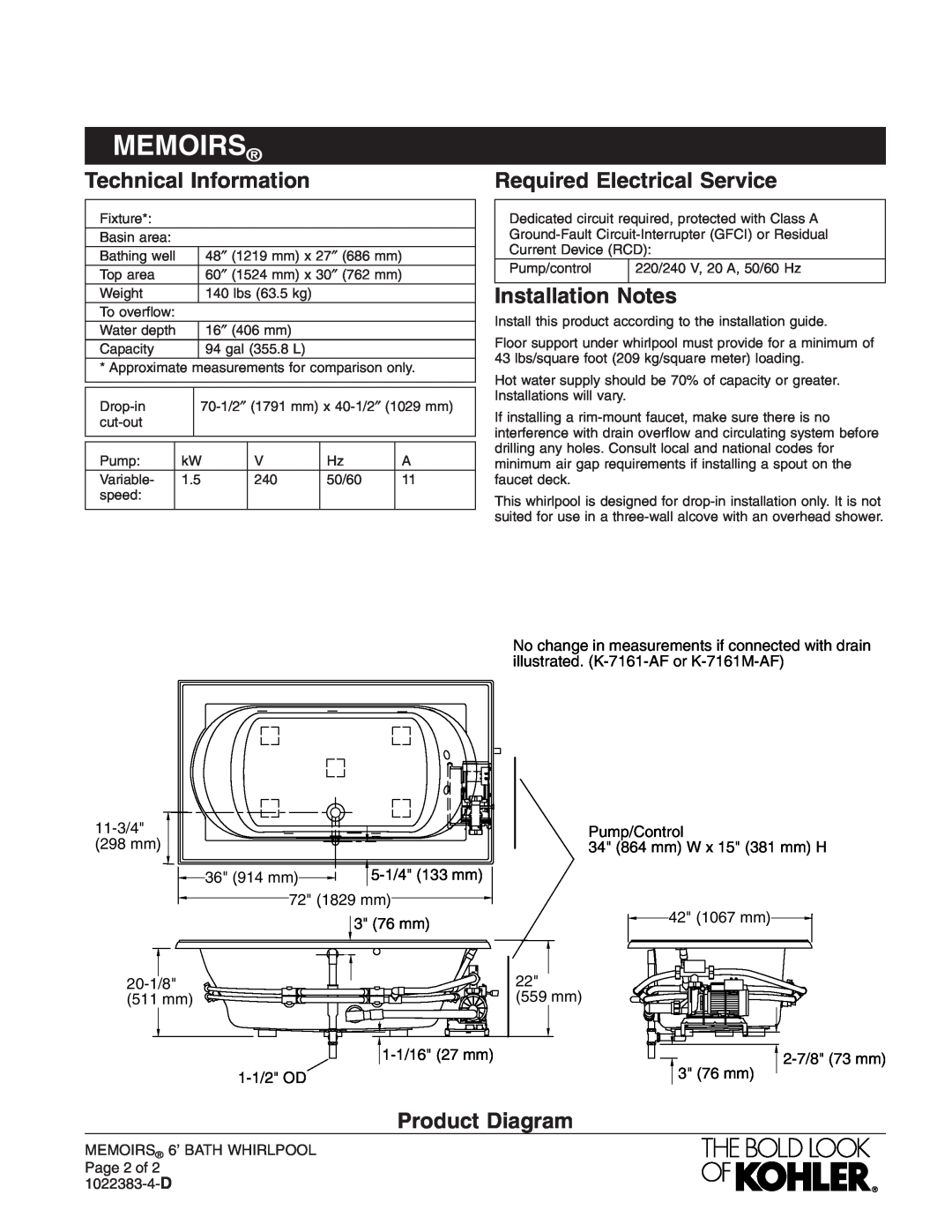 Kohler K-1418-H2 manual Technical Information, Required Electrical Service, Installation Notes, Product Diagram, Memoirs 