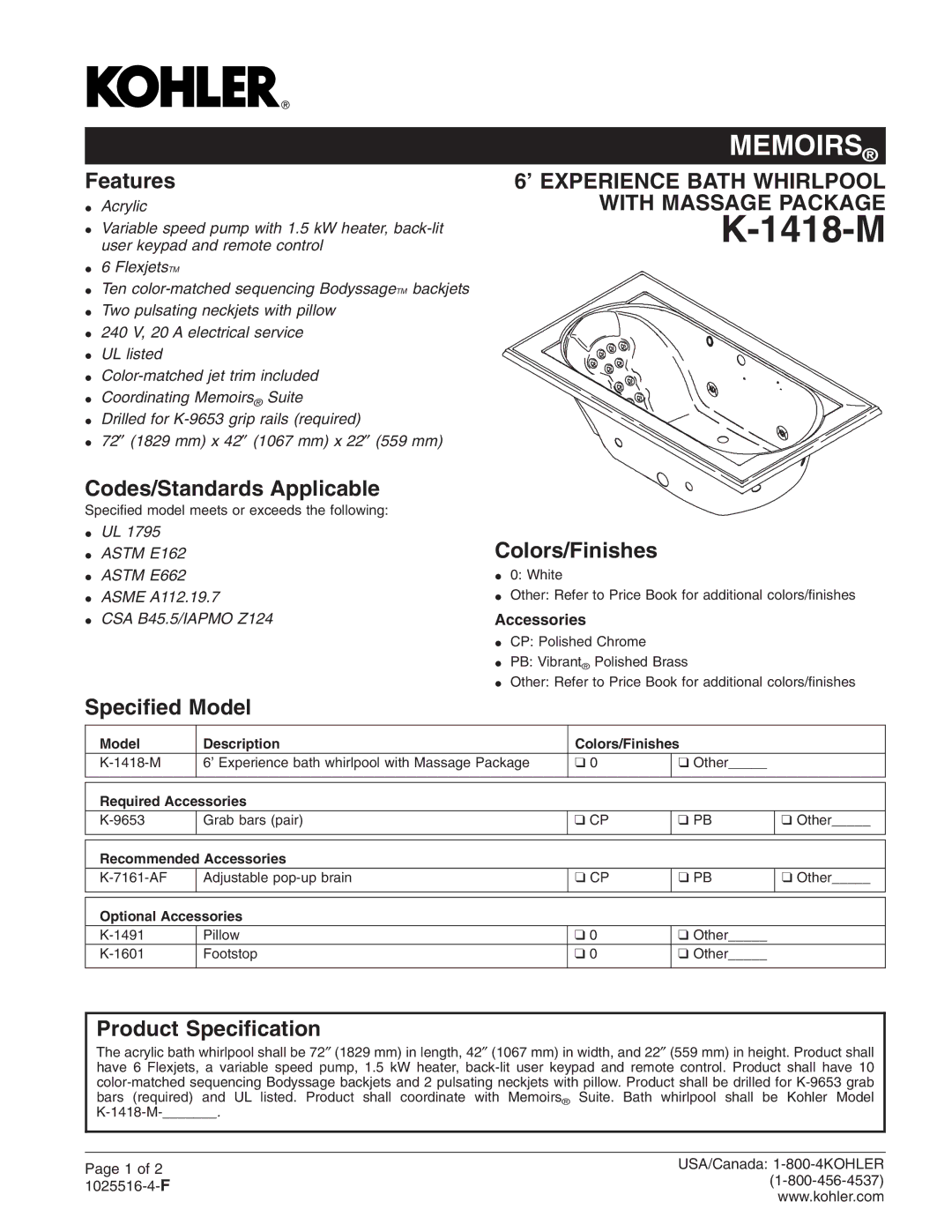 Kohler K-1418-M manual Features, Codes/Standards Applicable, Colors/Finishes, Speciﬁed Model, Product Speciﬁcation 